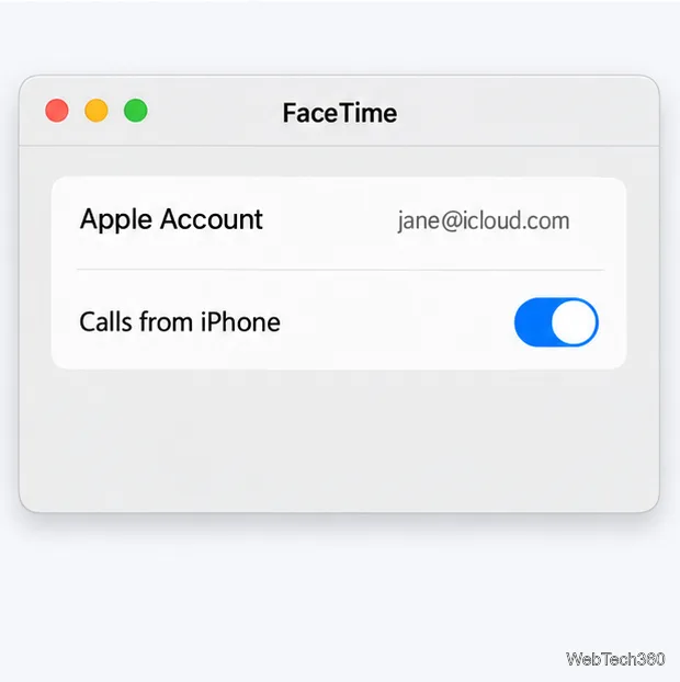 O fereastră de setări FaceTime pentru Mac care arată contul Apple corespunzător și opțiunea Apeluri de pe iPhone activate.