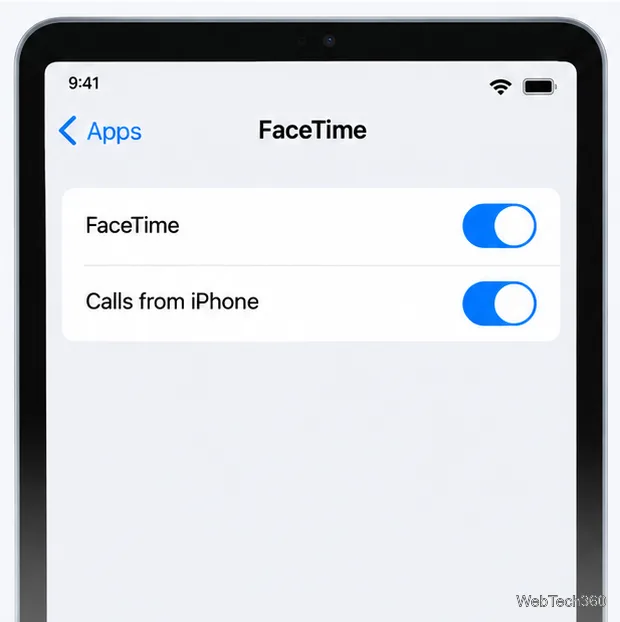 O pagină de setări FaceTime pentru iPad cu FaceTime și Apeluri de pe iPhone activate.