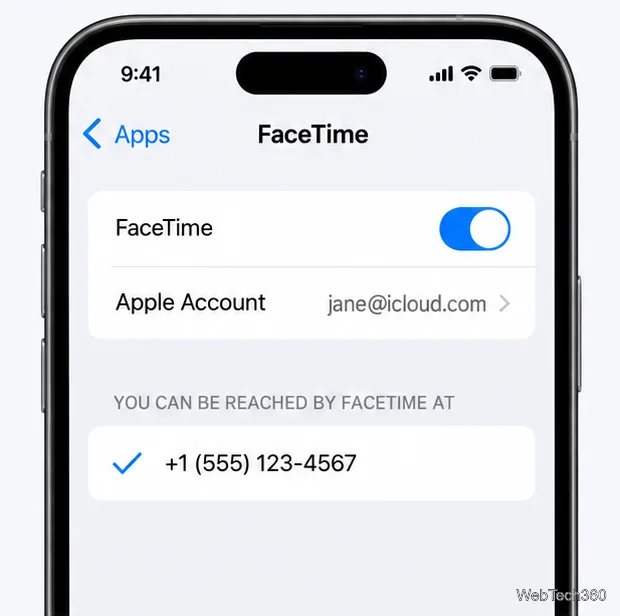 Ecranul de setări FaceTime al iPhone-ului cu FaceTime activat și un număr de telefon selectat la adresele accesibile.
