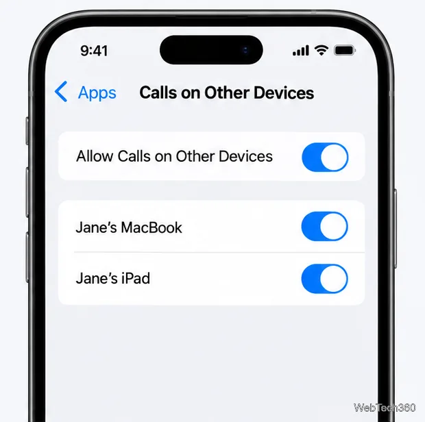 Pagina Apeluri iPhone pe alte dispozitive cu opțiunea Permite apeluri pe alte dispozitive și comutatoarele Mac și iPad activate.
