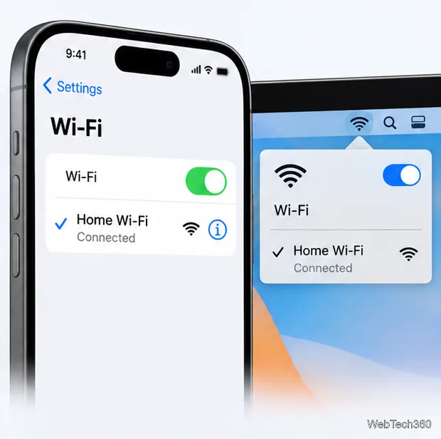 O pagină Wi-Fi pentru iPhone și un meniu Wi-Fi pentru Mac afișând aceeași rețea numită Home Wi-Fi ca fiind conectată.