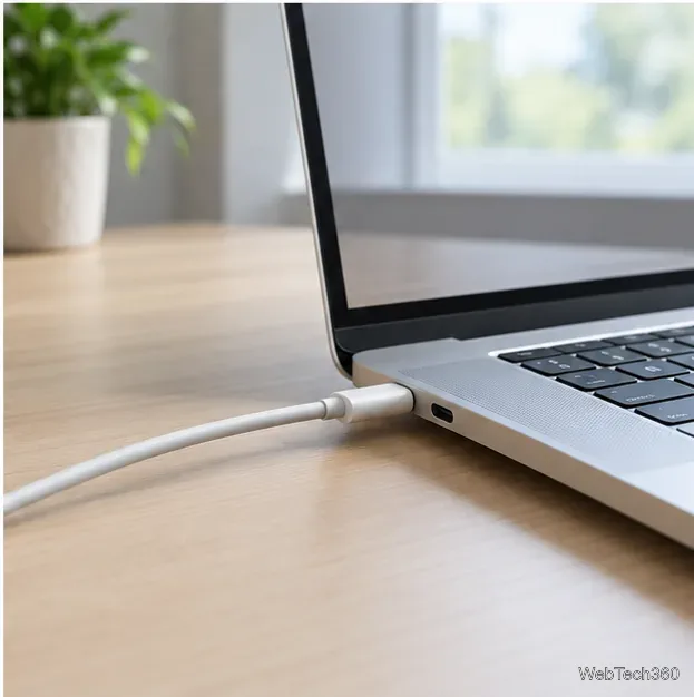 แล็ปท็อปกำลังชาร์จไฟผ่านสาย USB-C บนโต๊ะแข็ง โดยมีพื้นที่ว่างรอบๆ เพื่อระบายอากาศ