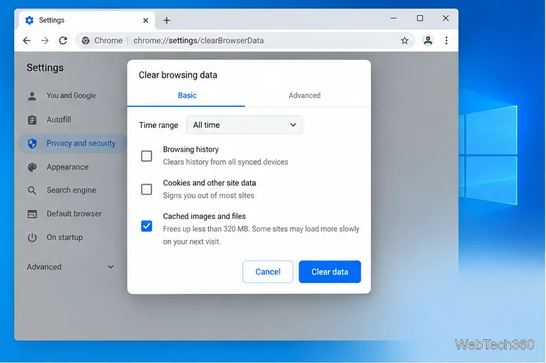 В диалоговом окне «Очистить данные браузера» в Chrome выбраны только кэшированные изображения и файлы; отметки «История» и «Файлы cookie» сняты.