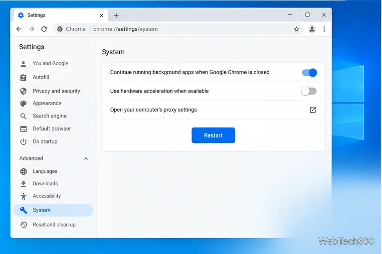 На странице «Система» в настройках Chrome отображается отключенное аппаратное ускорение и кнопка «Перезапустить».