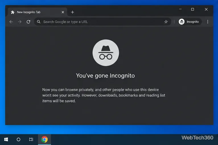 Темное окно Google Chrome в режиме инкогнито на Windows 10 со значком режима инкогнито и пустой адресной строкой.