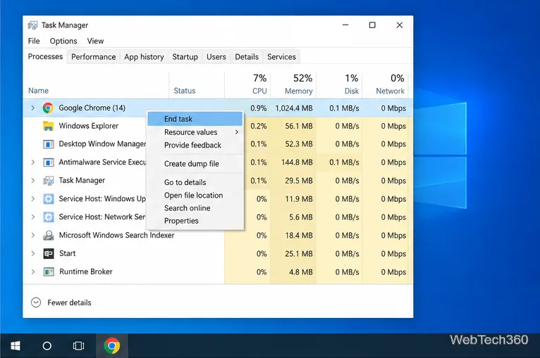 Диспетчер задач Windows 10 отображает выбранный процесс Google Chrome и опцию «Завершить задачу» в его контекстном меню.