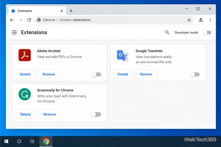 На странице расширений Chrome отображаются карточки расширений с выключенными переключателями.