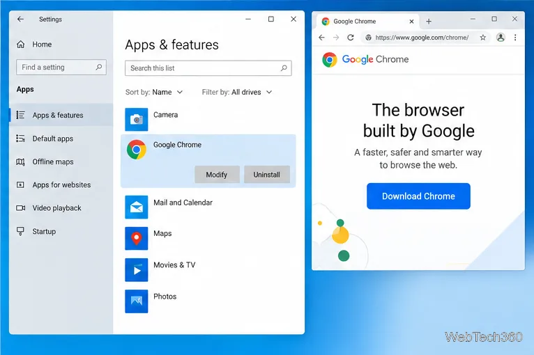 В разделе «Приложения и возможности» Windows 10 рядом со страницей загрузки Chrome от Google отображается выбранный для удаления Google Chrome.