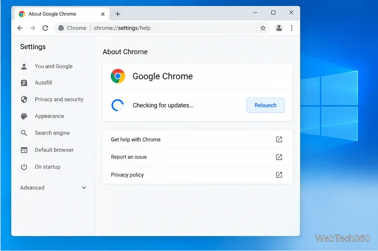 На странице «О программе» Chrome проверяет наличие обновлений и отображается кнопка «Перезапустить».