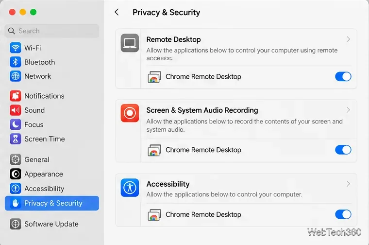 macOS-Einstellungen für Datenschutz und Sicherheit, die die Berechtigungen für Remote-Desktop, Bildschirm- und Systemaudioaufnahme sowie Bedienungshilfen anzeigen