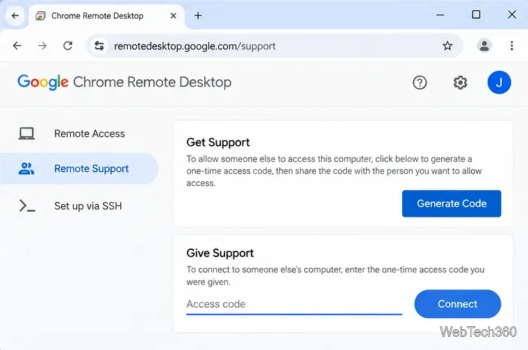 Die Chrome-Seite für Remote-Support auf dem Remote-Desktop bietet die Steuerelemente „Code generieren“ und „Support geben“ für den Zugriffscode.