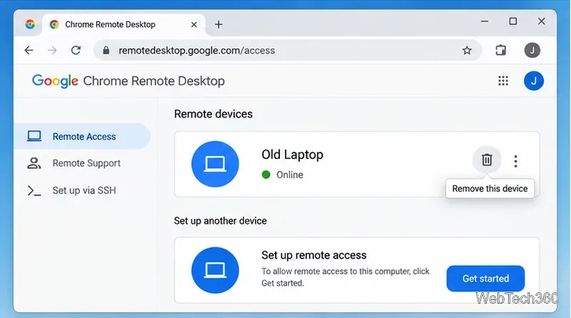 Chrome-Remote-Desktop-Seite für den Fernzugriff mit einer Funktion zum Entfernen des Geräts und einer Option zum erneuten Einrichten des Fernzugriffs