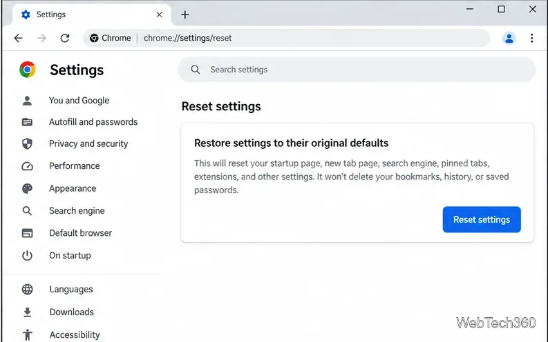 Chromeのリセット設定ページ（設定を元のデフォルトに戻す）