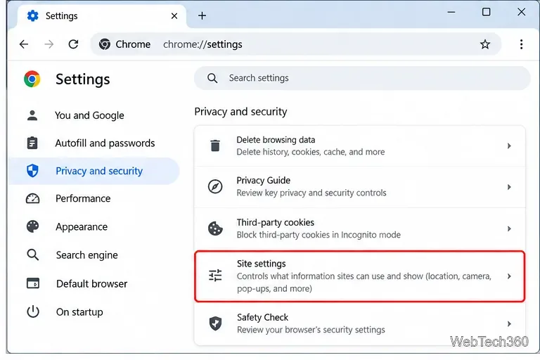 Chromeのプライバシーとセキュリティ設定（サイト設定が強調表示されています）