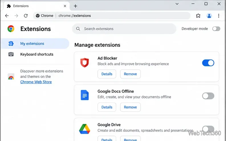 Chrome拡張機能マネージャーに拡張機能カードとオン/オフ切り替えスイッチが表示されます。