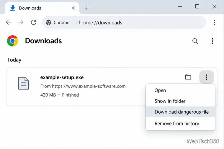 Meniul de elemente Descărcări Chrome cu opțiunea Descărcați fișiere periculoase vizibilă