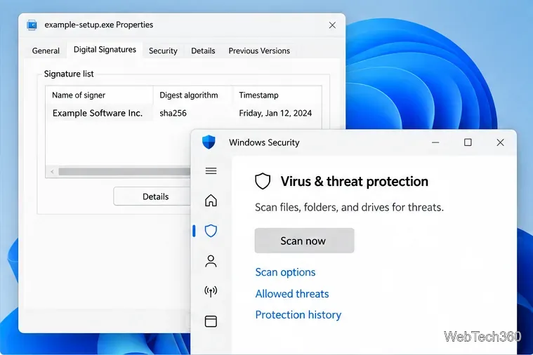 Fila Proprietăți fișiere Windows Semnături digitale de lângă controalele de scanare a protecției împotriva virușilor și amenințărilor de securitate Windows