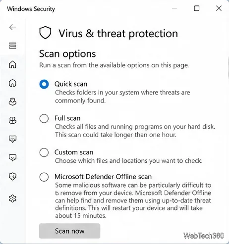Страница защиты Windows от вирусов и угроз с отображением параметров быстрого, полного, выборочного и автономного сканирования.
