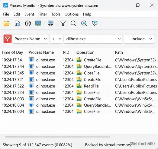 В Sysinternals Process Monitor отфильтрована активность файла dllhost.exe.