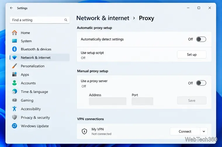 Configuración de red e Internet de Windows 11 con proxy manual deshabilitado y VPN desconectada.