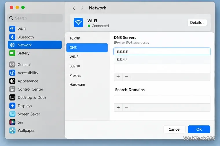 Configuración DNS de red de macOS con direcciones de servidor DNS público de Google introducidas