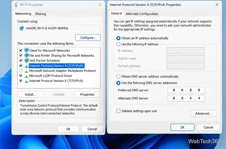 Propiedades IPv4 de Windows configuradas con las direcciones DNS públicas de Google 8.8.8.8 y 8.8.4.4.
