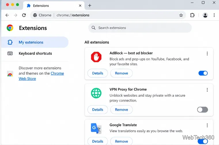 Página de administración de extensiones de Chrome con una extensión relacionada con la red desactivada.