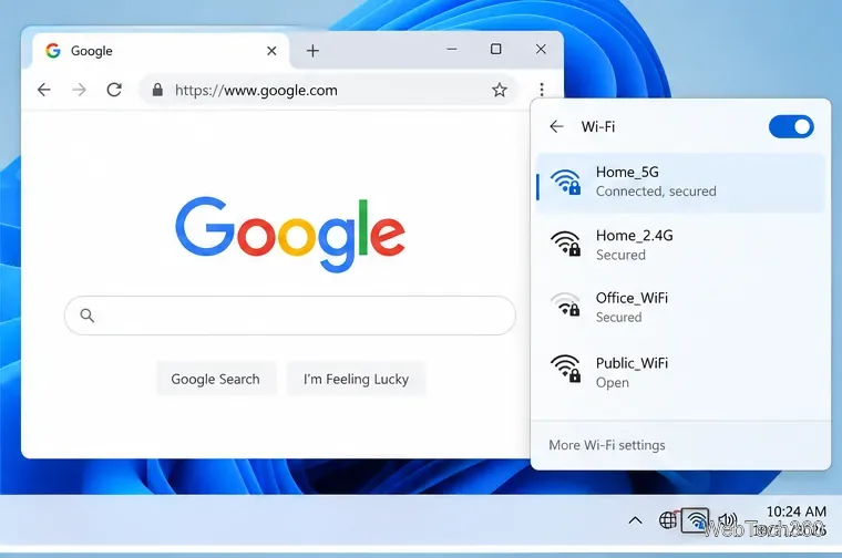 Panel de Wi-Fi de Windows junto a Chrome cargando un sitio web en funcionamiento.