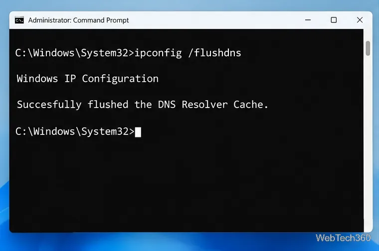 El símbolo del sistema del administrador muestra un comando ipconfig flushdns ejecutado correctamente.