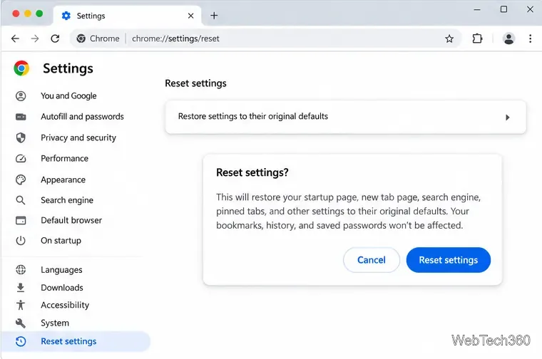 Página de restablecimiento de configuración de Chrome con el cuadro de diálogo de confirmación para restaurar la configuración a sus valores predeterminados originales.