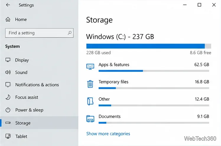 Paramètres de stockage Windows affichant l'espace utilisé et l'espace libre du lecteur C, ainsi que des catégories incluant les fichiers temporaires.