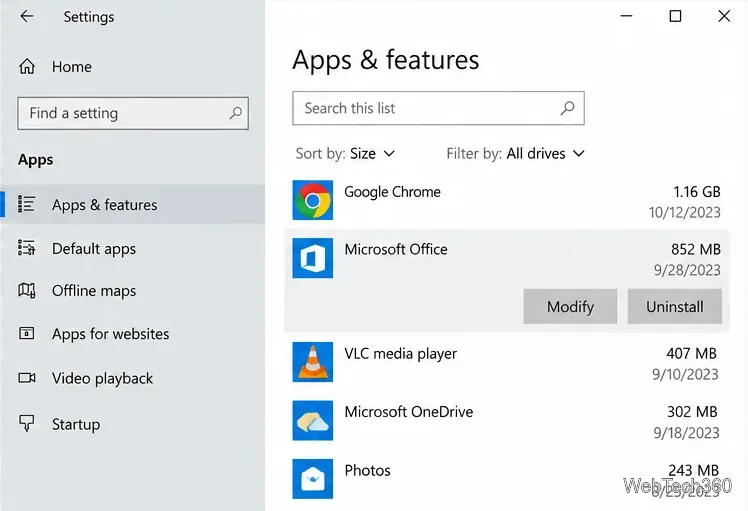 Page « Applications et fonctionnalités Windows » affichant les programmes triés par taille et un bouton « Désinstaller ».
