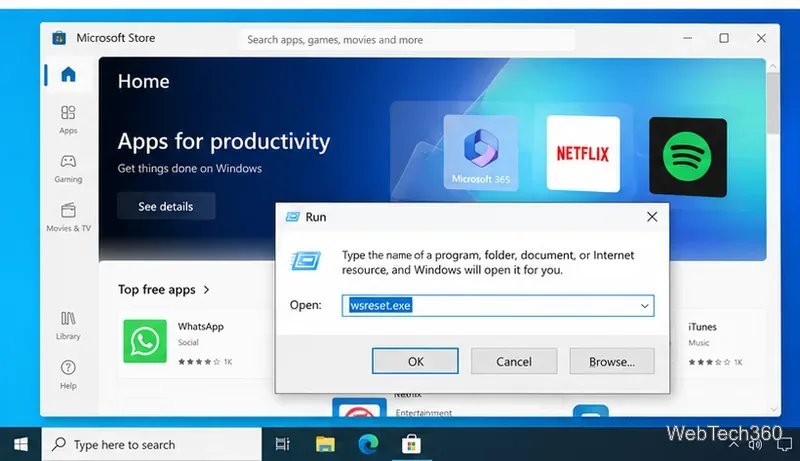 Диалоговое окно «Выполнить» в Windows с введенным файлом wsreset.exe перед пунктом «Microsoft Store».