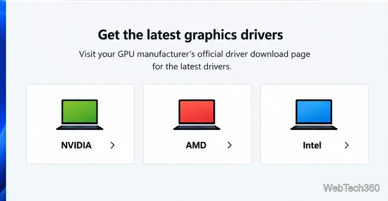 NVIDIA、AMD、またはIntelの公式サポートページにユーザーを誘導するグラフィックドライバー情報パネル。