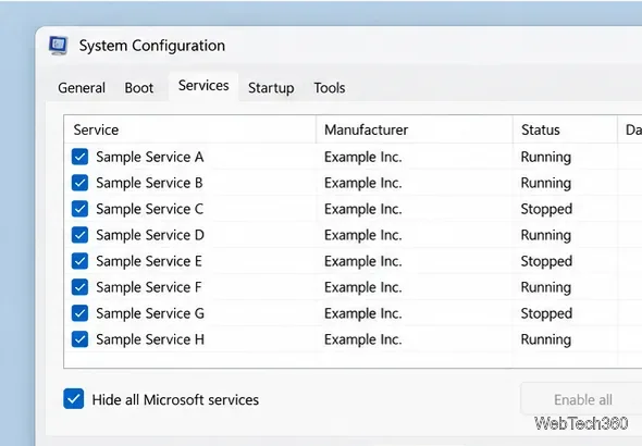 「システム構成サービス」タブで「すべてのマイクロソフトサービスを非表示にする」にチェックを入れてください。