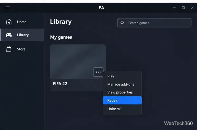 EAアプリのFIFA 22ライブラリメニューで、「修復」コマンドが選択されている状態。