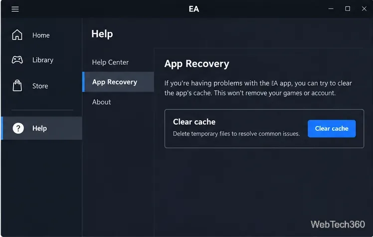 EAアプリのアプリリカバリパネルに「キャッシュをクリア」アクションが表示されています。