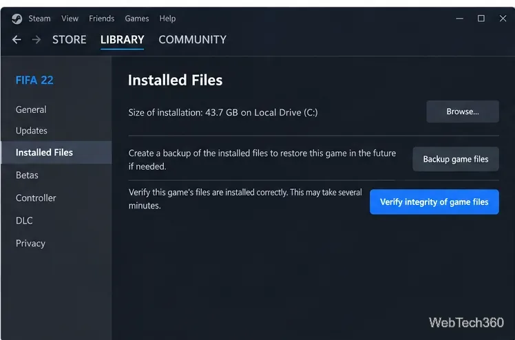 Steamの「インストール済みファイル」にあるFIFA 22のプロパティウィンドウで、「ゲームファイルの整合性を確認」が表示されている。