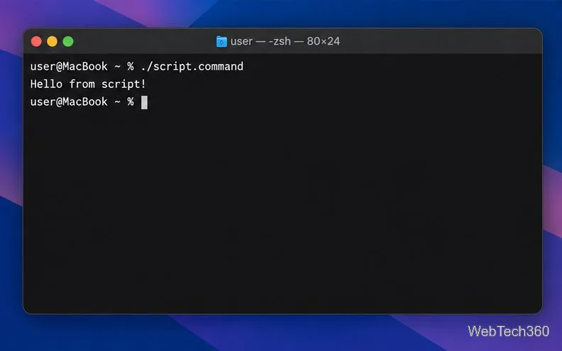 В терминале отображается вывод команды ./script.command и пример кода скрипта.