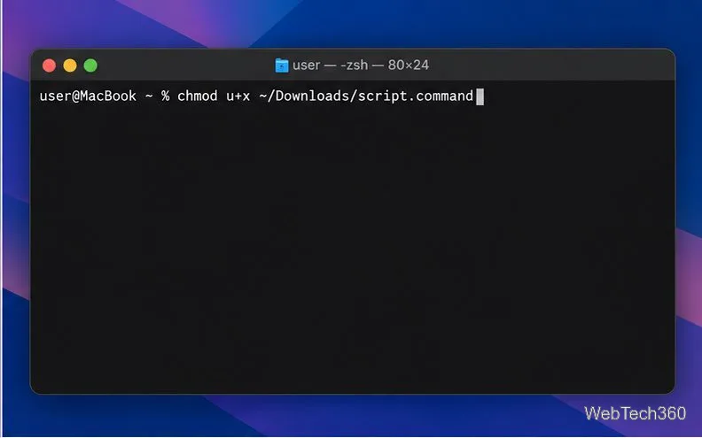 В терминале применена команда chmod u+x к файлу script.command в папке «Загрузки».