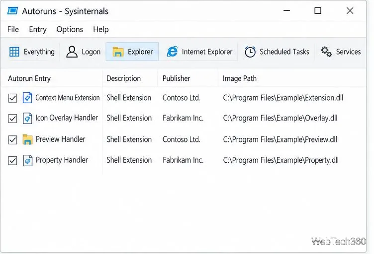 Autoruns Explorer tab listing example context-menu and other shell extension entries.