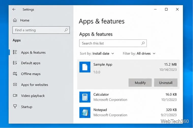 Windows 10 Apps & features page with a selected sample app and an Uninstall button.