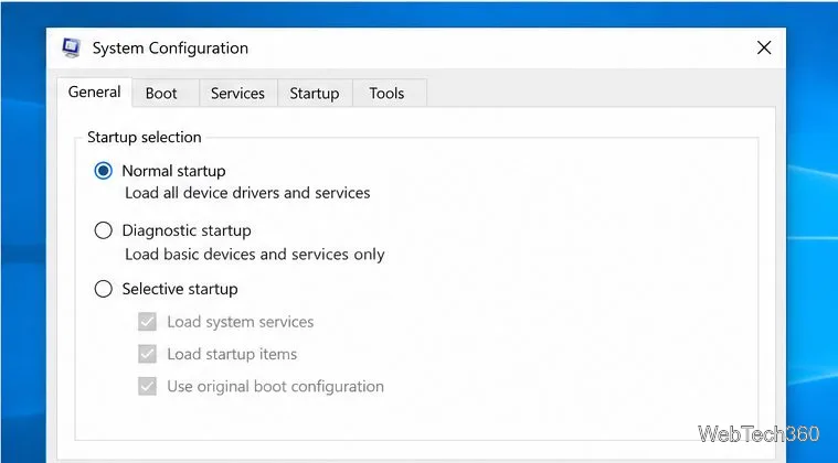 System Configuration General tab with Normal startup selected.