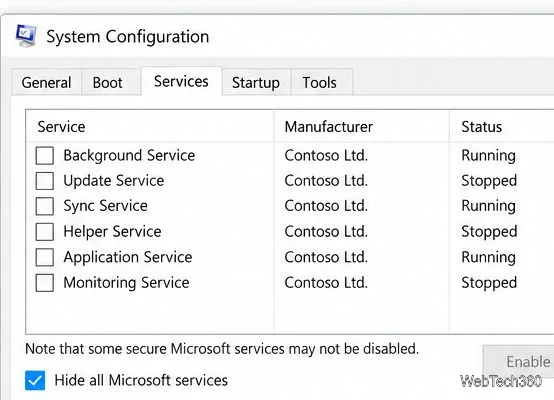 System Configuration Services tab with Hide all Microsoft services selected.