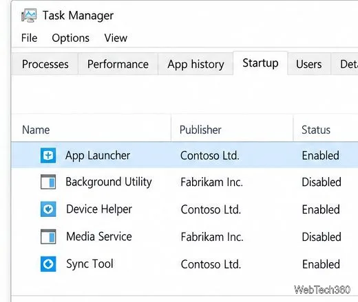 Task Manager Startup tab with example enabled and disabled entries.