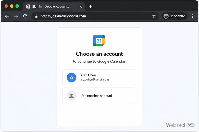 หน้าต่างเบราว์เซอร์ส่วนตัวที่ calendar.google.com แสดงตัวเลือกบัญชี Google Calendar