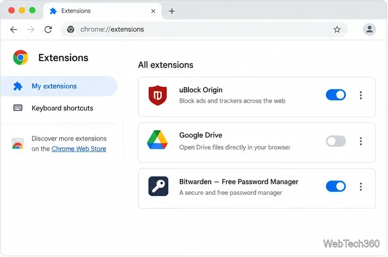 หน้าเว็บส่วนขยาย Chrome ที่แสดงตัวเลือกการปิดใช้งานส่วนขยายชั่วคราว
