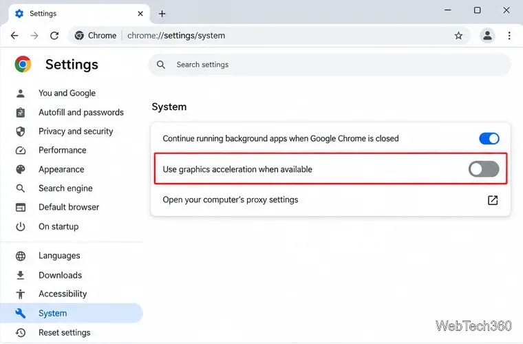 В системных настройках Chrome отображается переключатель графического ускорения.