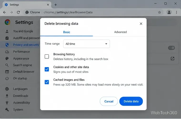 В Chrome есть диалоговое окно «Удалить данные просмотра, включая файлы cookie и кэшированные изображения».