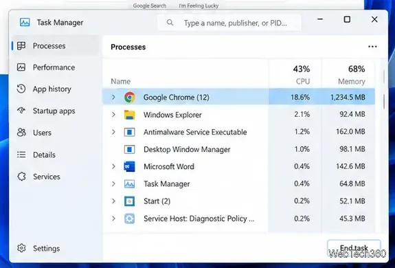 Диспетчер задач Windows с выбранным Google Chrome и видимой кнопкой "Завершить задачу".